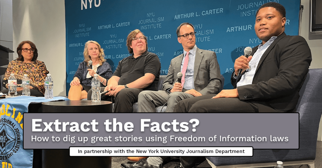 A photo of the four speakers and moderator captured live at the "Extract the Facts" event.