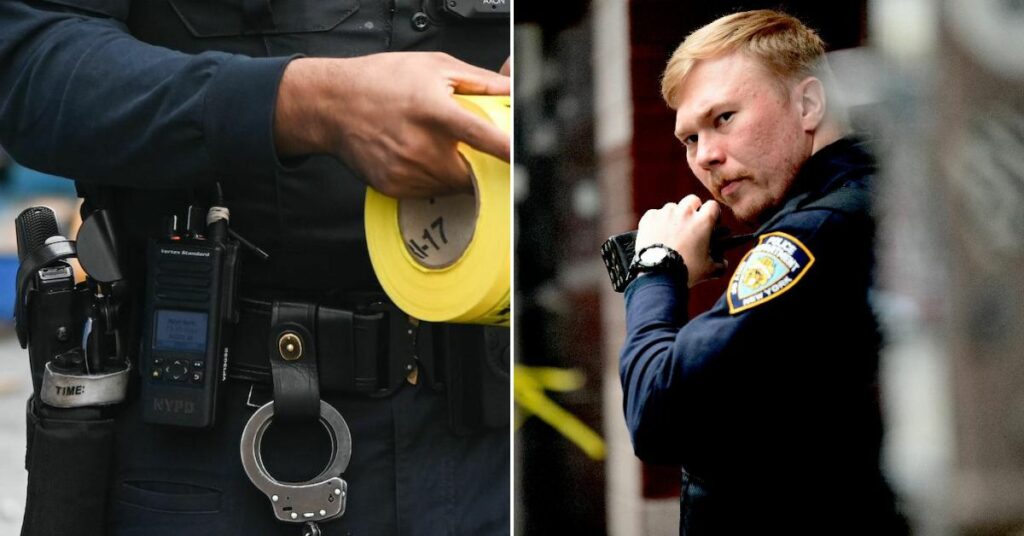 Two images of police officers side-by-side, one rolling out crime scene tape (left) and the other speaking into a radio (right).