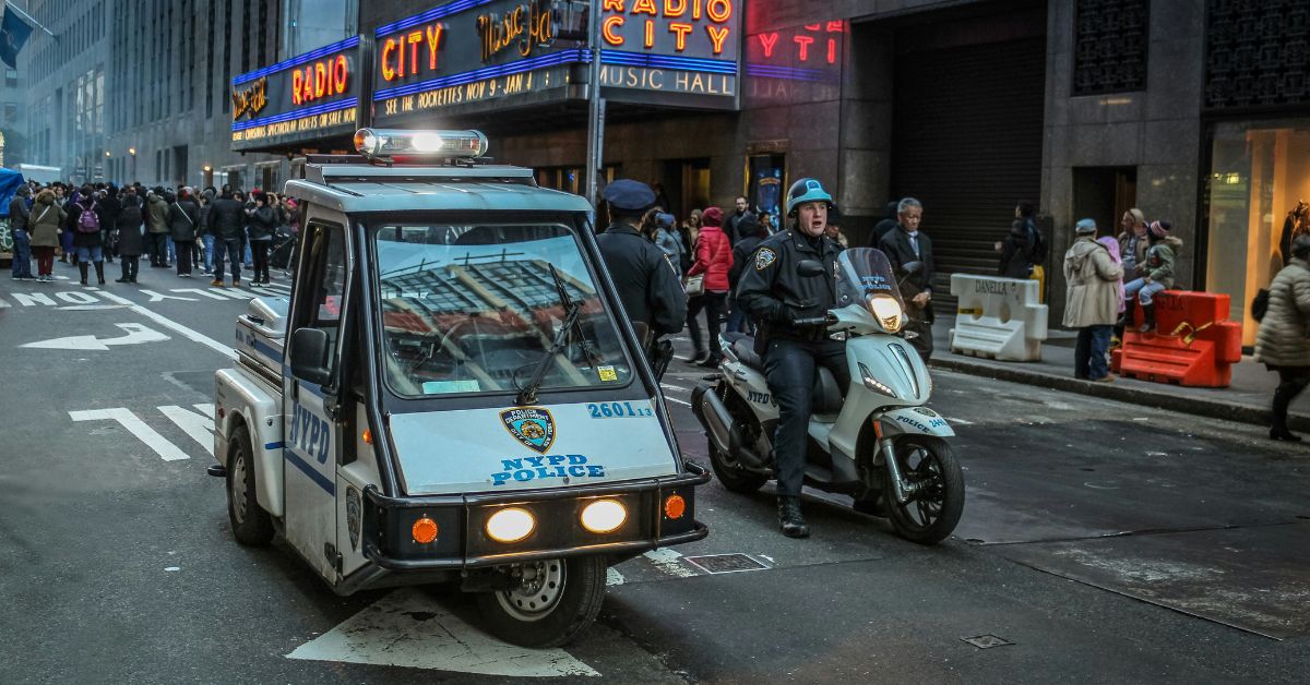 New York Police Department officers on the streets outside of Radio City Music Hall.