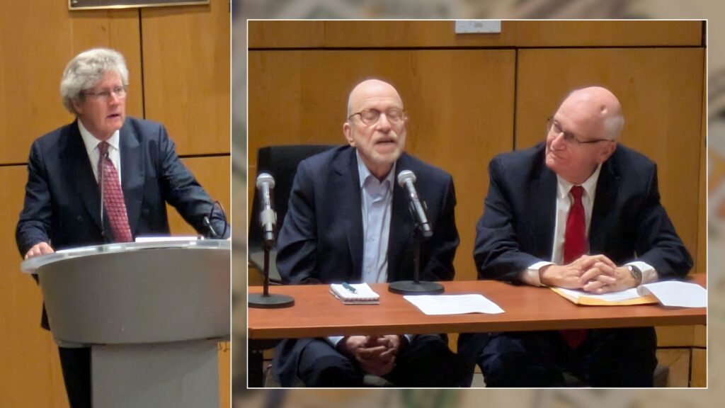(Left) Steve Dunlop giving opening remarks before the screening, (Right) George Arzt and Mike Eisgrau speaking at the panel.