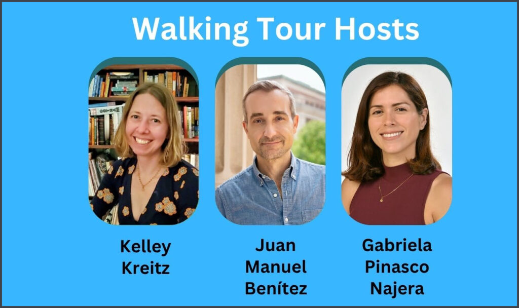 Graphic featuring headshots of the walking tour hosts.
